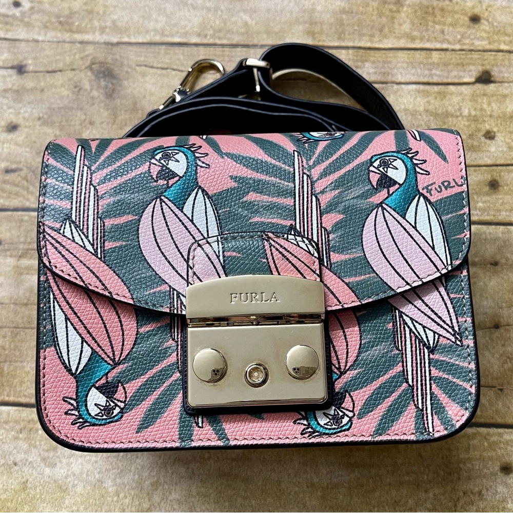 Furla Pink Metropolis Mini Jungle Parrot Bird Black Leather Crossbody Bag